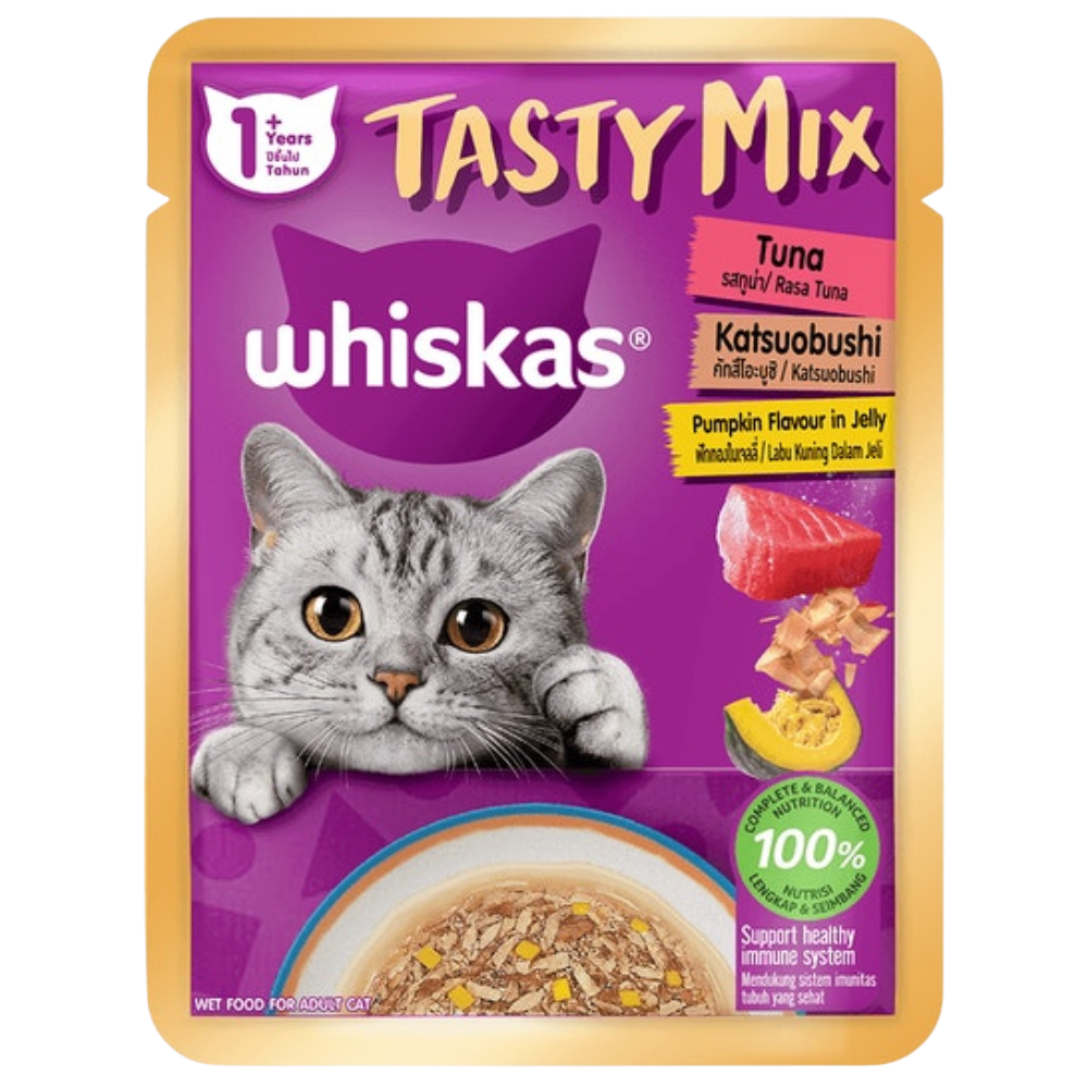 Whiskas Tasty Mix cat food pouch with a purple background and cat illustration.
