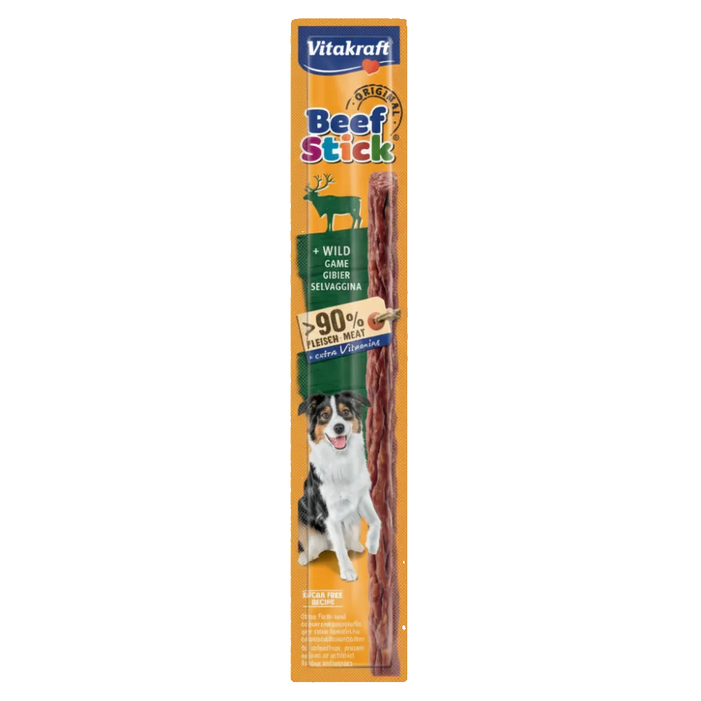 Vitakraft Beef Stick for dogs on an orange background