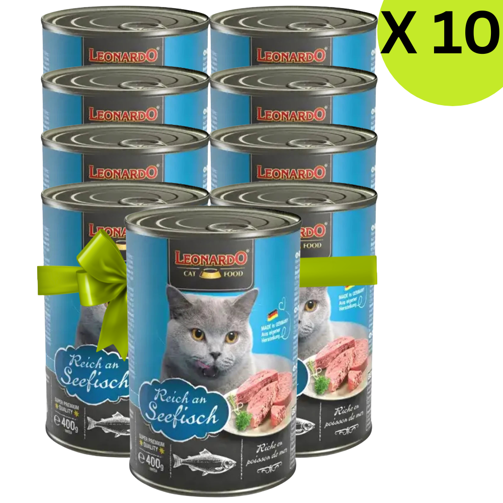 Packaging of Leonardo cat food cans with a green bow, labeled 'X 10'.