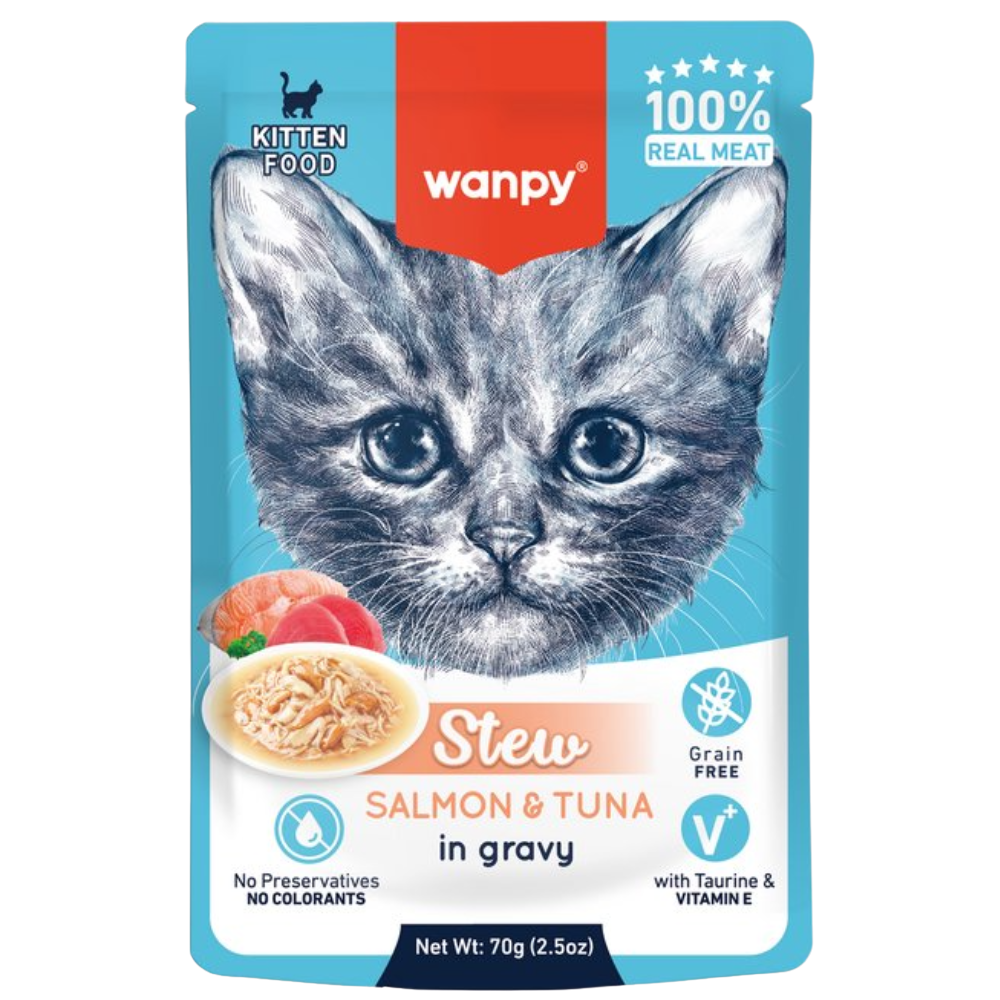 Wanpy kitten food pouch with a cat's face on the packaging, featuring salmon and tuna stew.