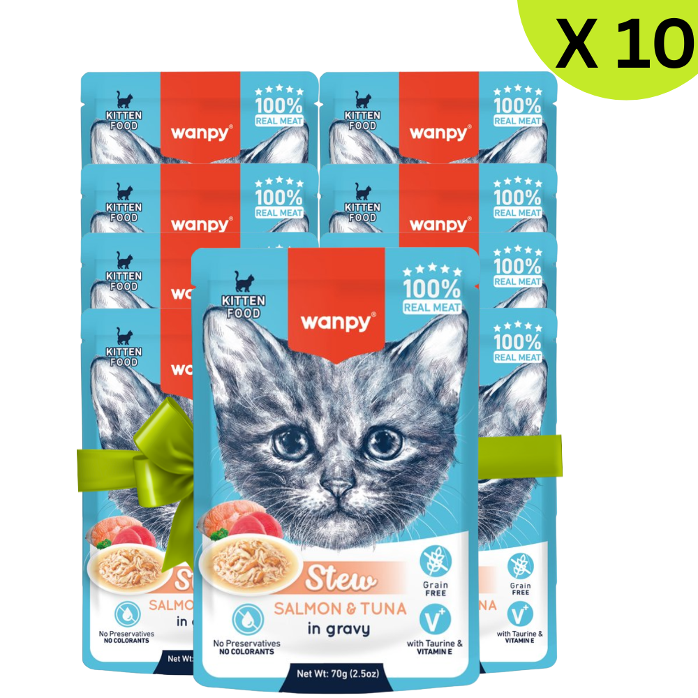 Packaging of Wanpy kitten food with a cat illustration on a white background