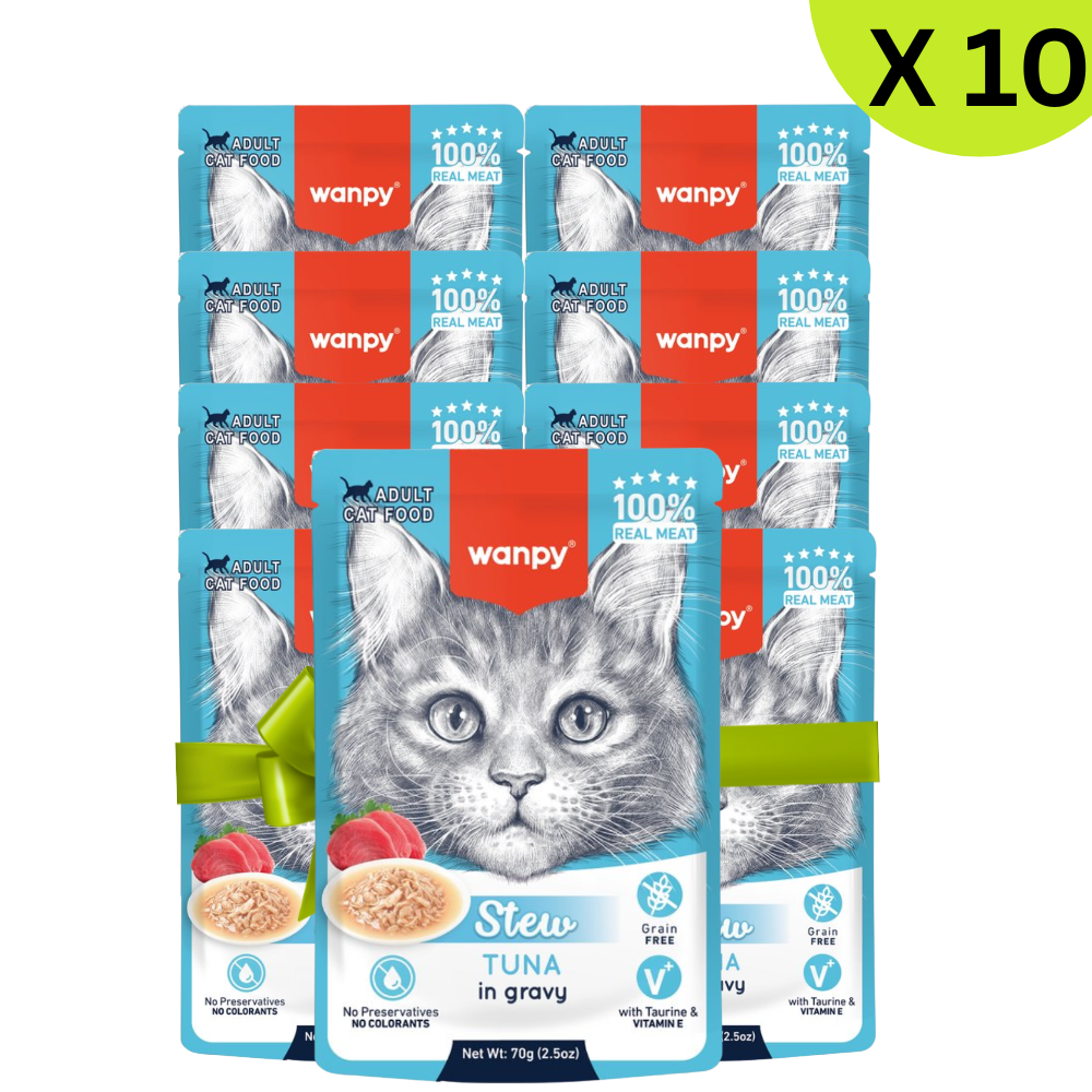 Packaging of wanpy cat food packets with a total of 10 packages.