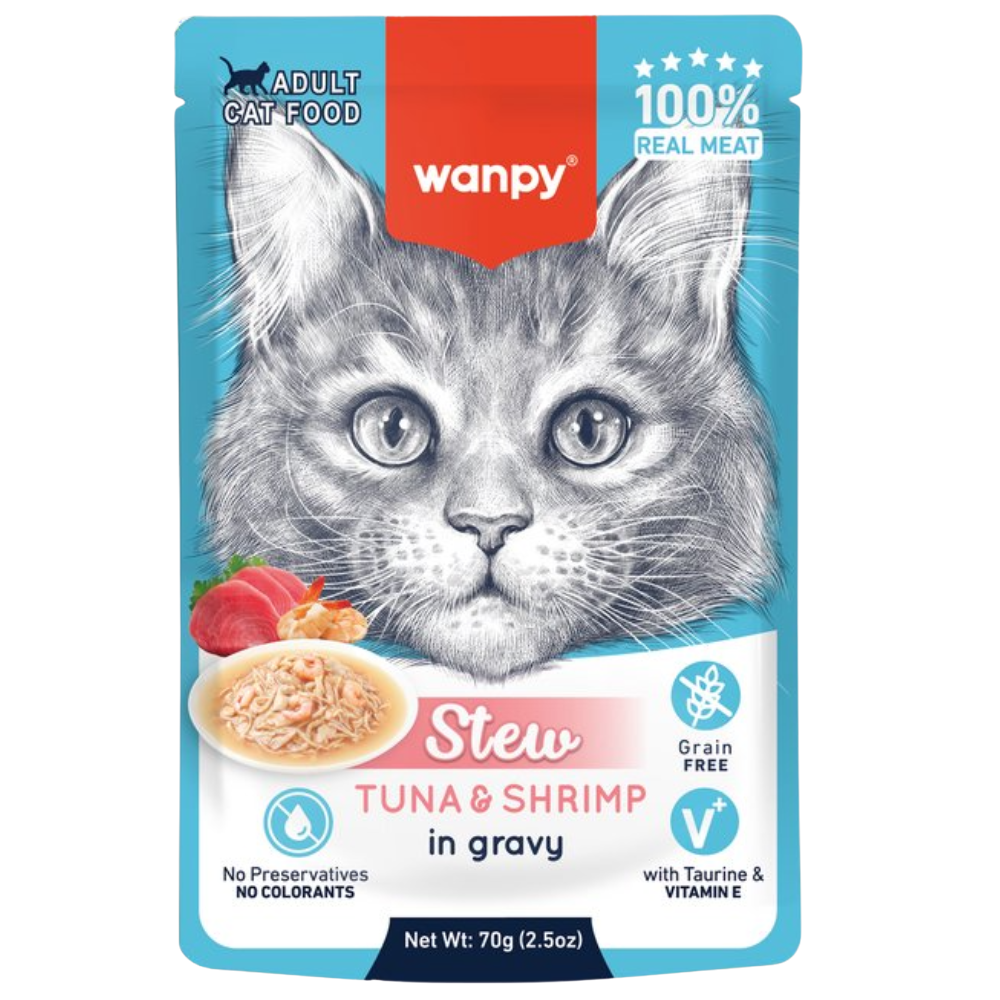 Wanpy cat food pouch with a cat's face on the label, featuring tuna and shrimp in gravy.