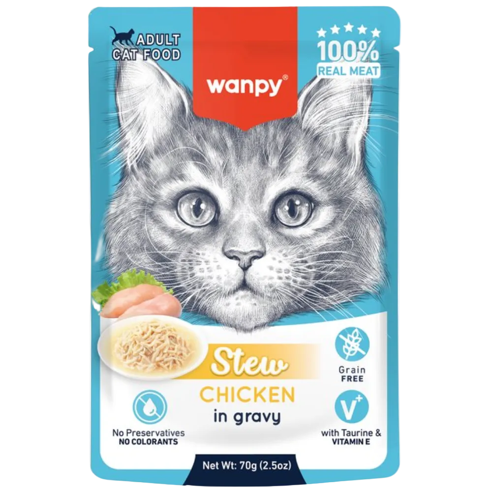 Wanpy cat food pouch with a cat illustration on a blue background