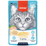 Wanpy cat food pouch with a cat illustration on a blue background