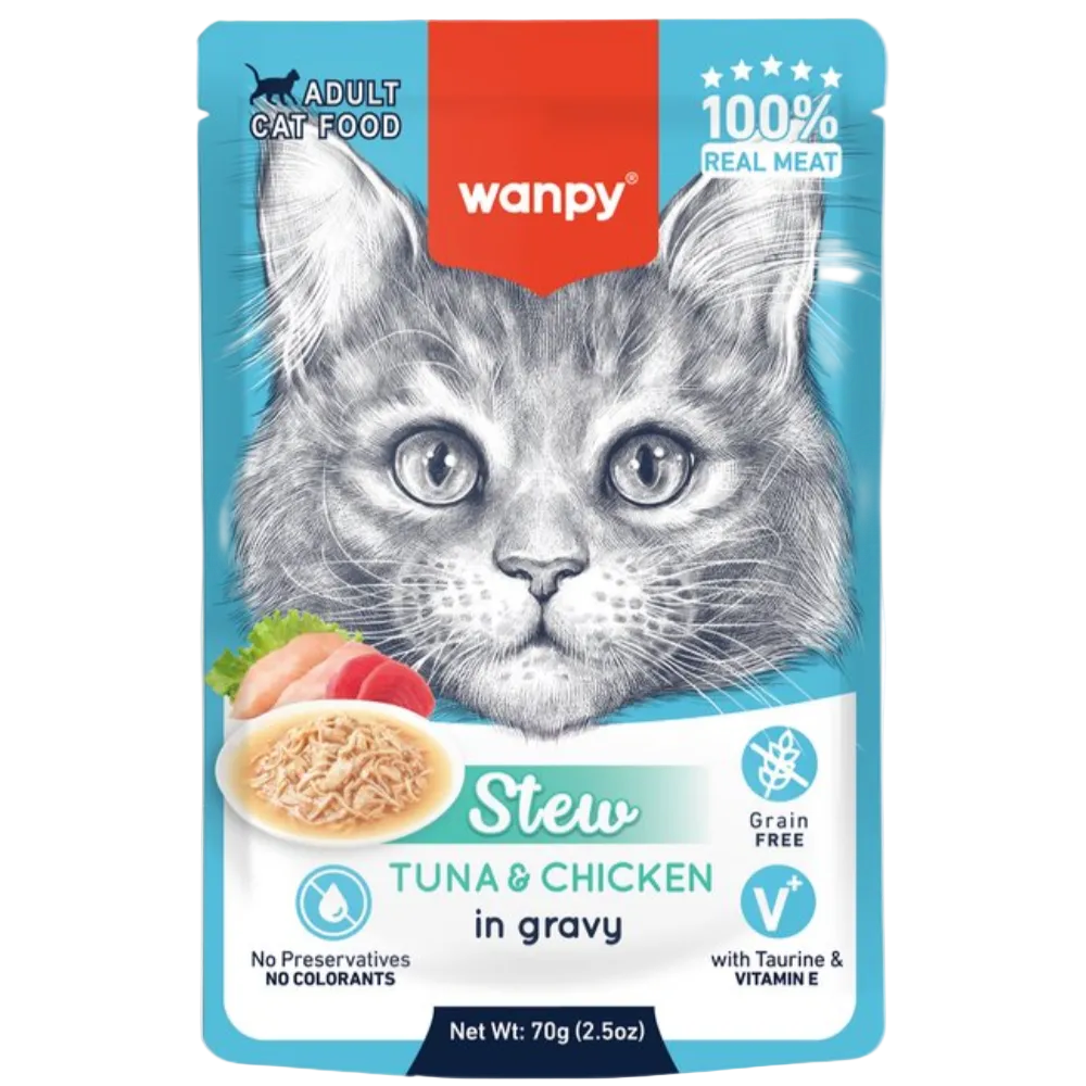 Wanpy cat food pouch with a kitten illustration on a blue background