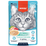 Wanpy cat food pouch with a kitten illustration on a blue background