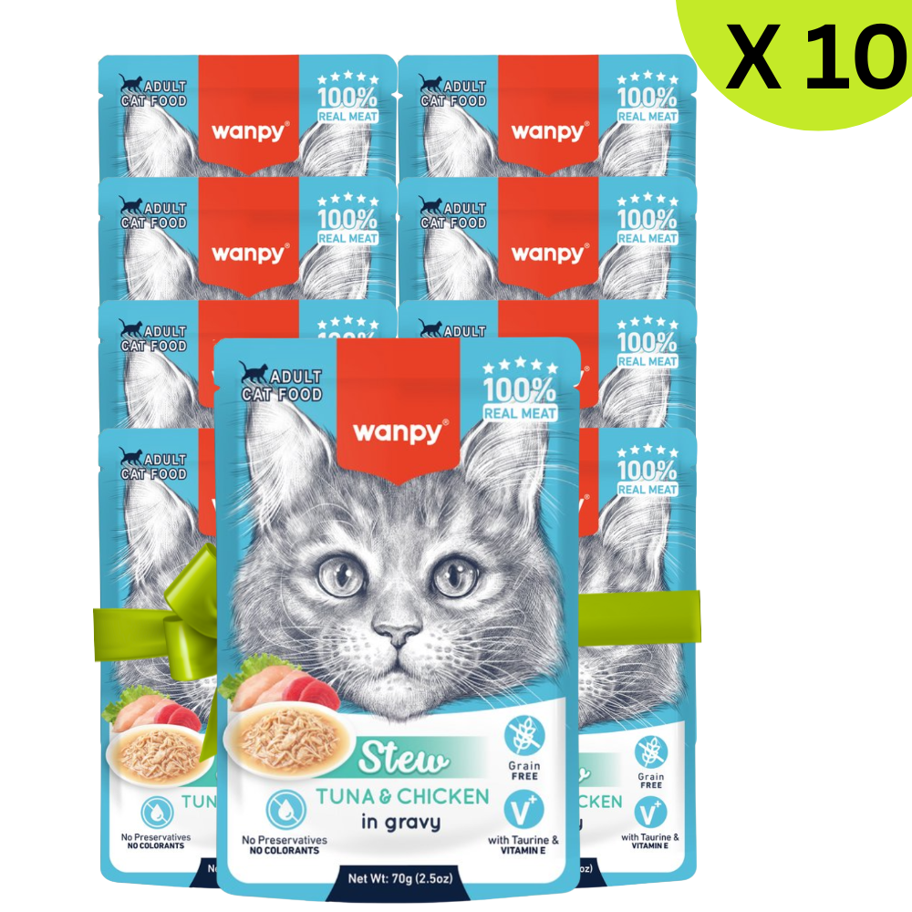 Packaging of wanpy cat food packets with a total of 10 packets.