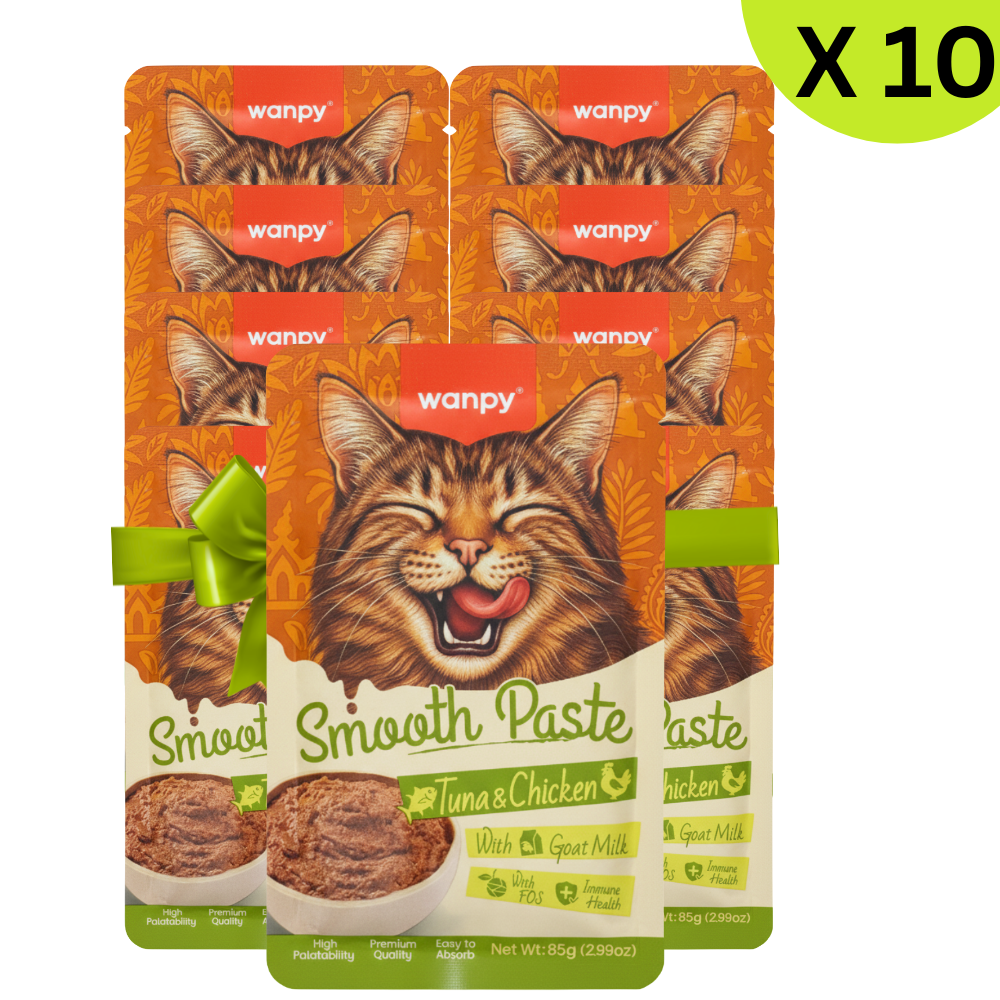 Packaging of wanpy Smooth Paste for cats with a cat's face on it, showing 10 packs.