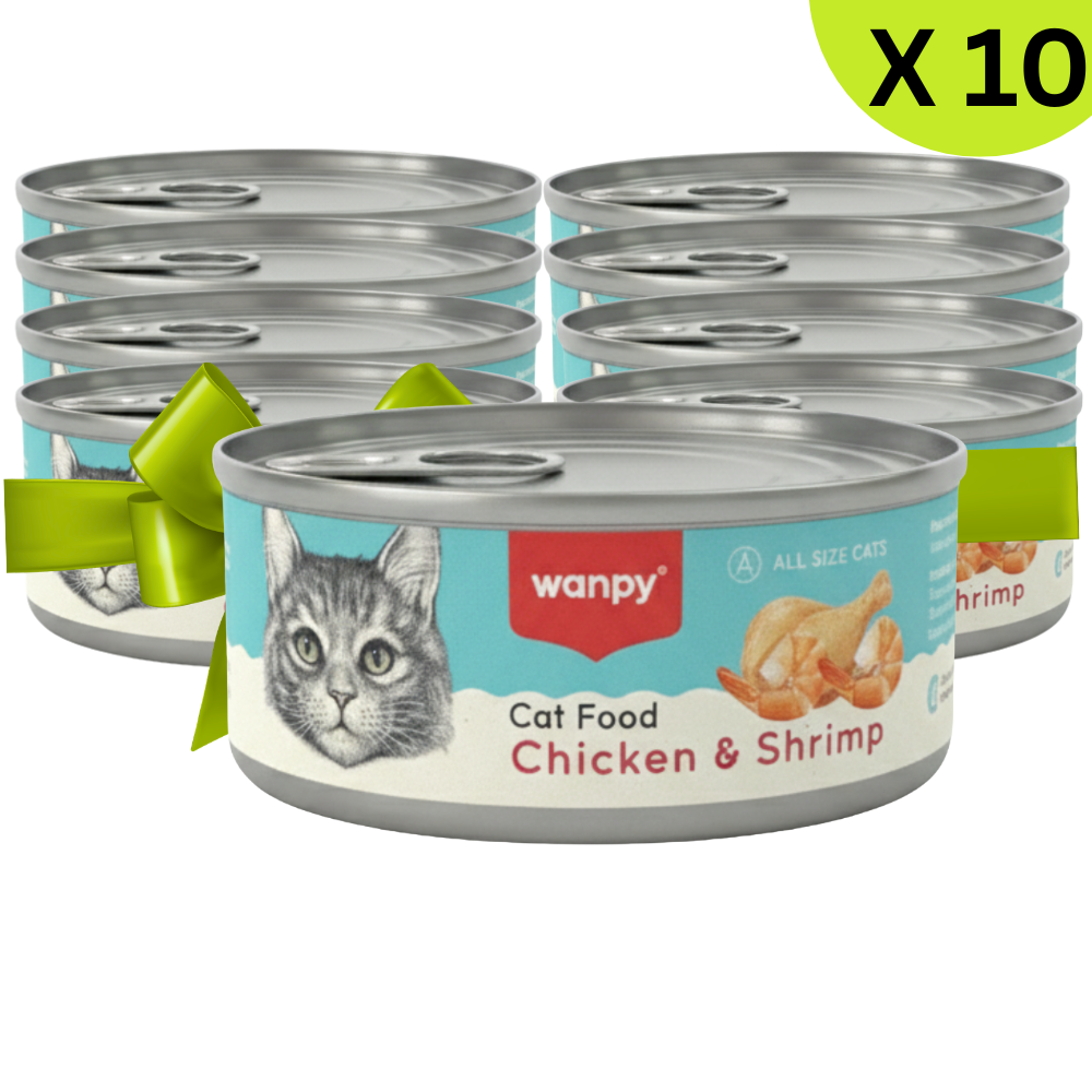 Packaging of Wanpy cat food cans with chicken and shrimp flavor on a white background