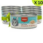 Packaging of 10 cans of wanpy cat food with chicken and salmon flavor on a white background.