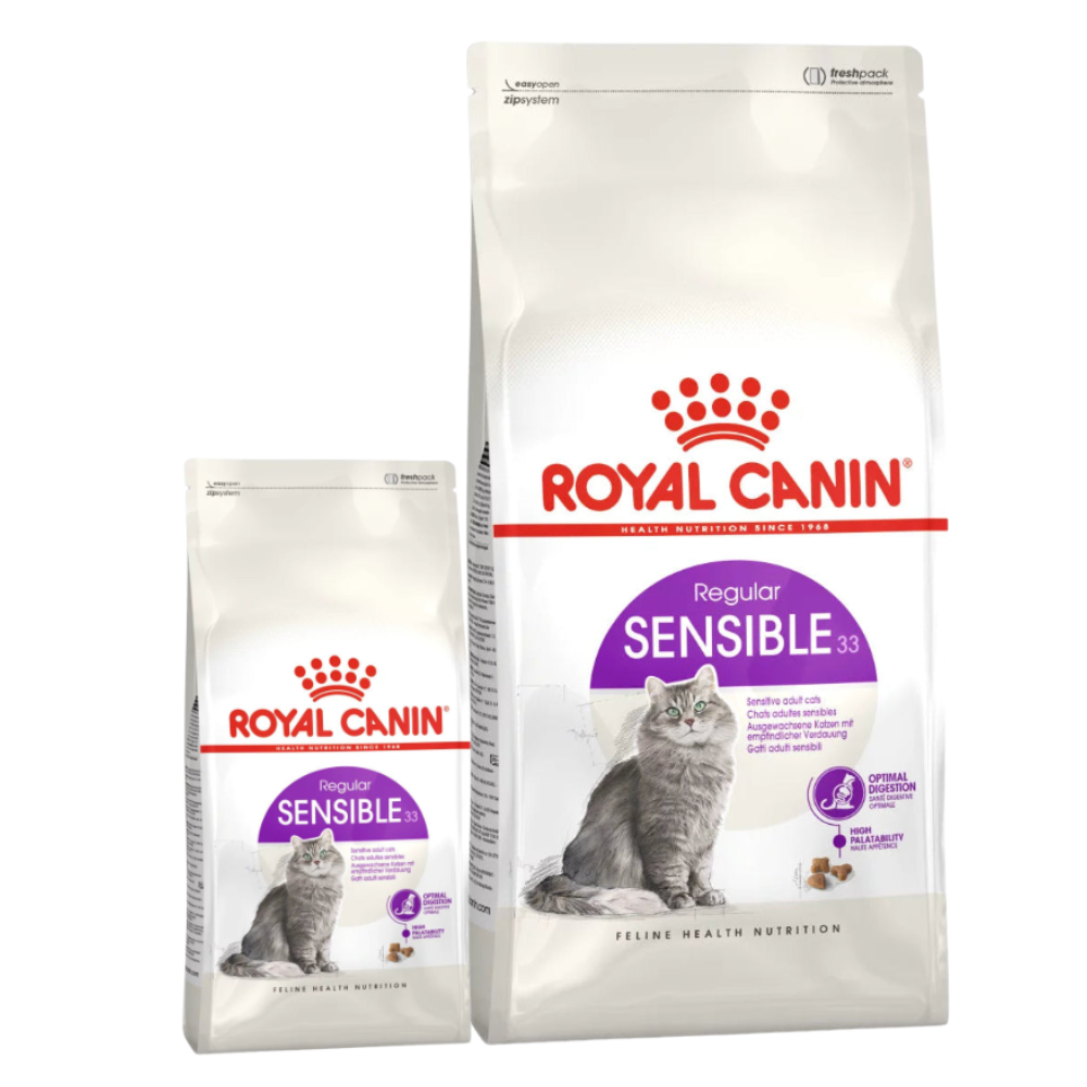 Two bags of Royal Canin Sensible cat food on a white background