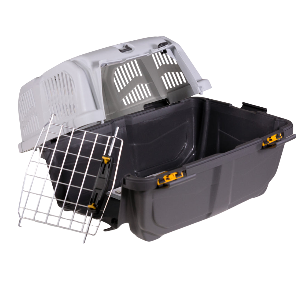 Pet carrier with a wire mesh door on a white background