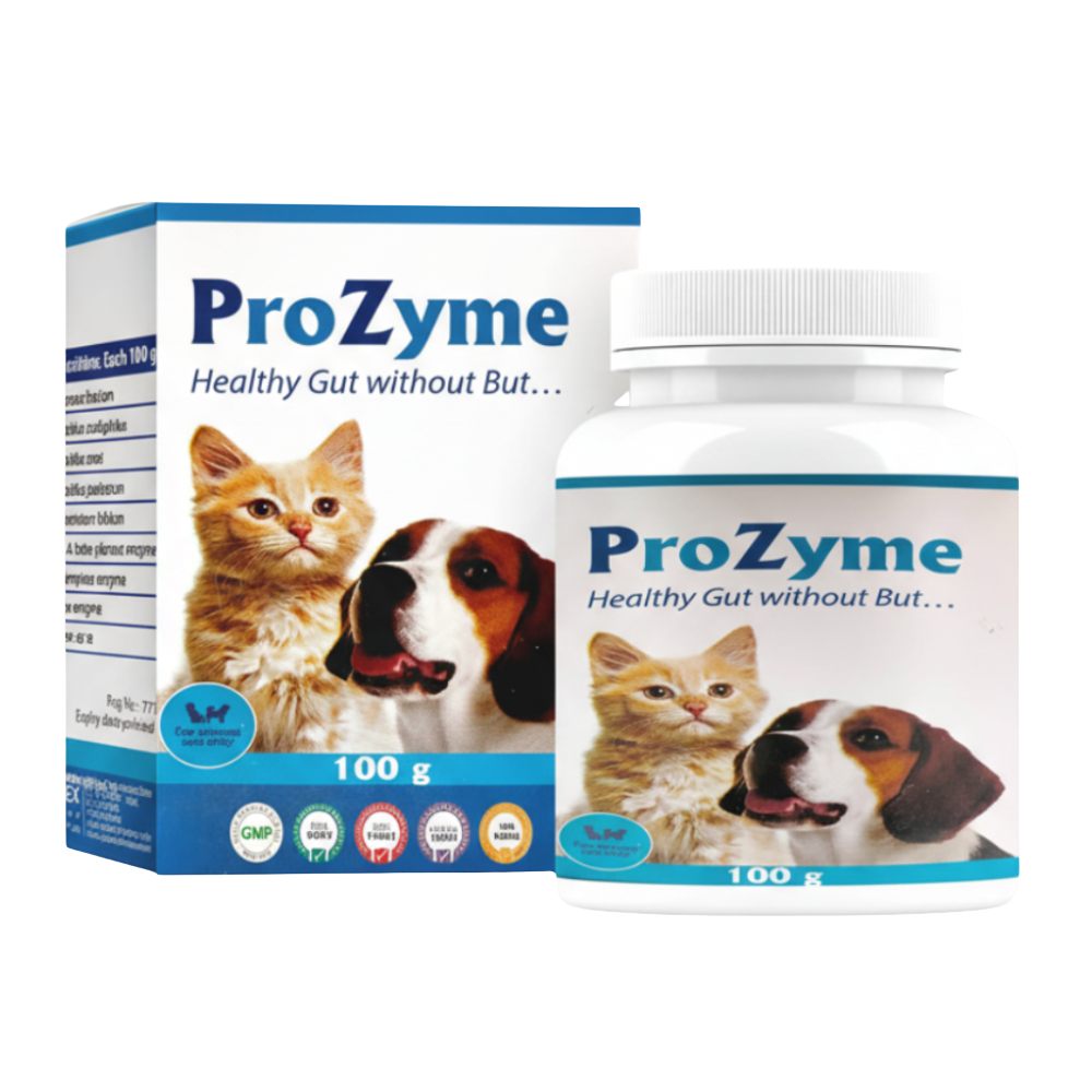 ProZyme pet supplement packaging with a cat and dog illustration on a white background
