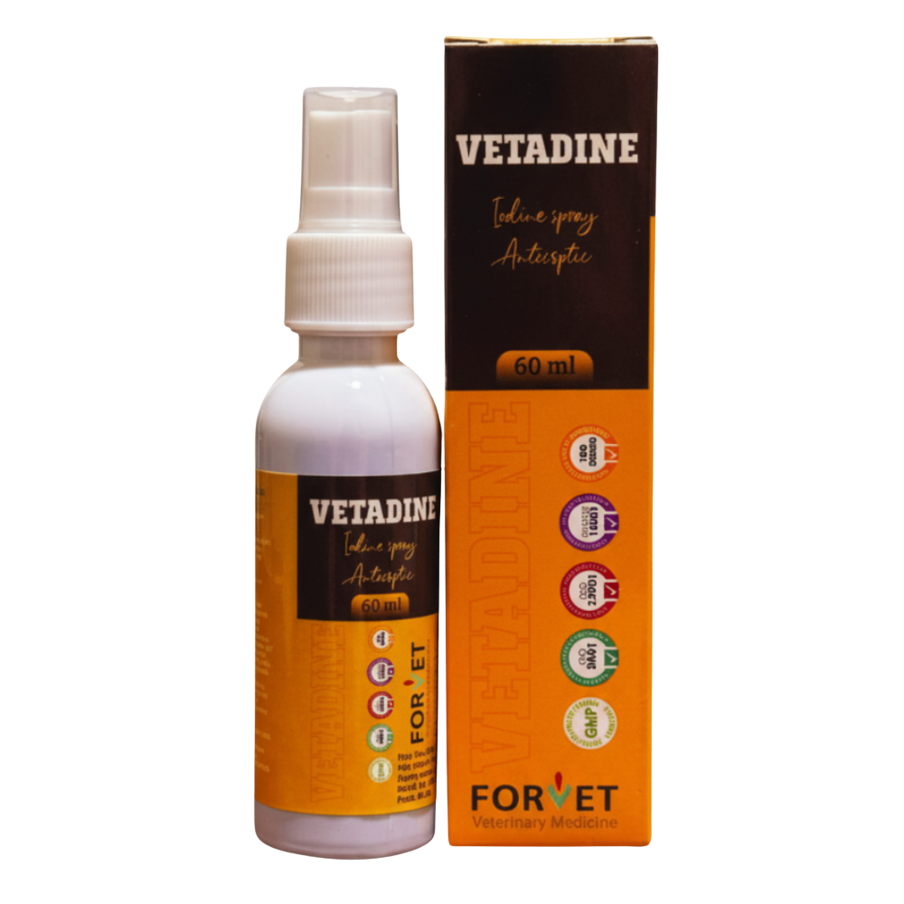 Vetadine spray bottle and packaging on a white background