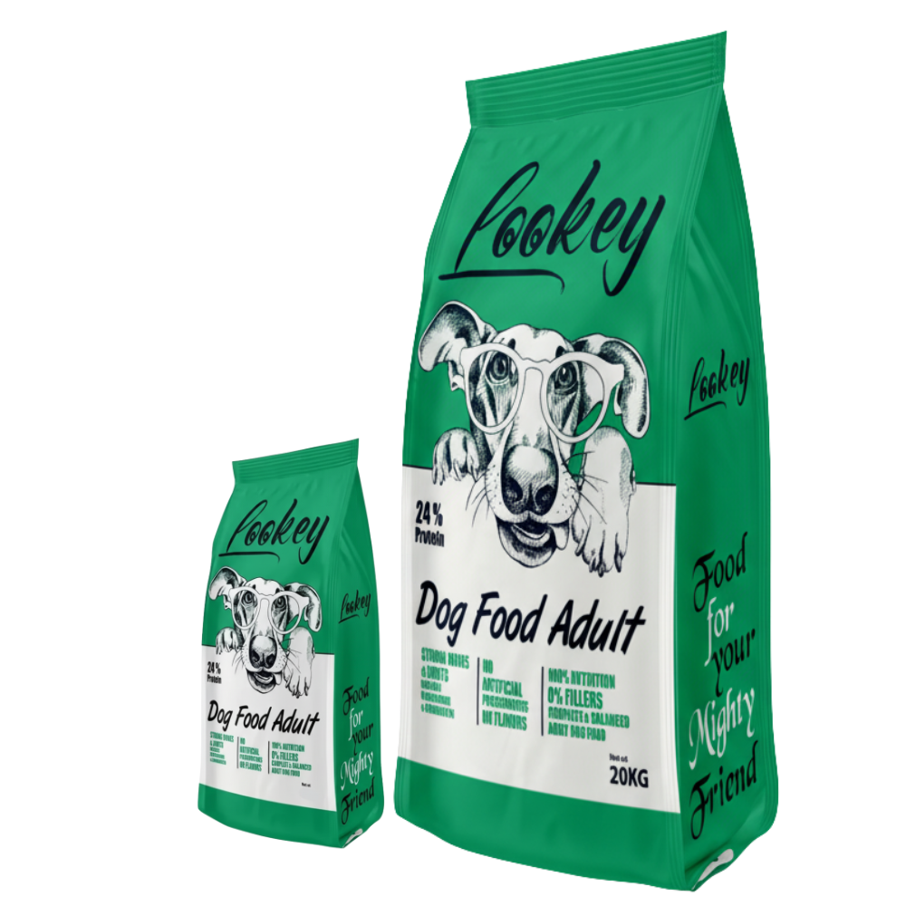 Two green bags of Lookey Dog Food Adult on a white background