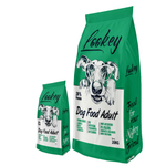 Two green bags of Lookey Dog Food Adult on a white background