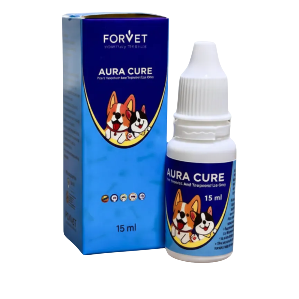 Aura Cure pet supplement bottle and packaging on a white background