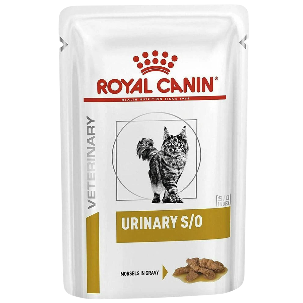 Royal Canin Veterinary Urinary S/O cat food pouch on a white background