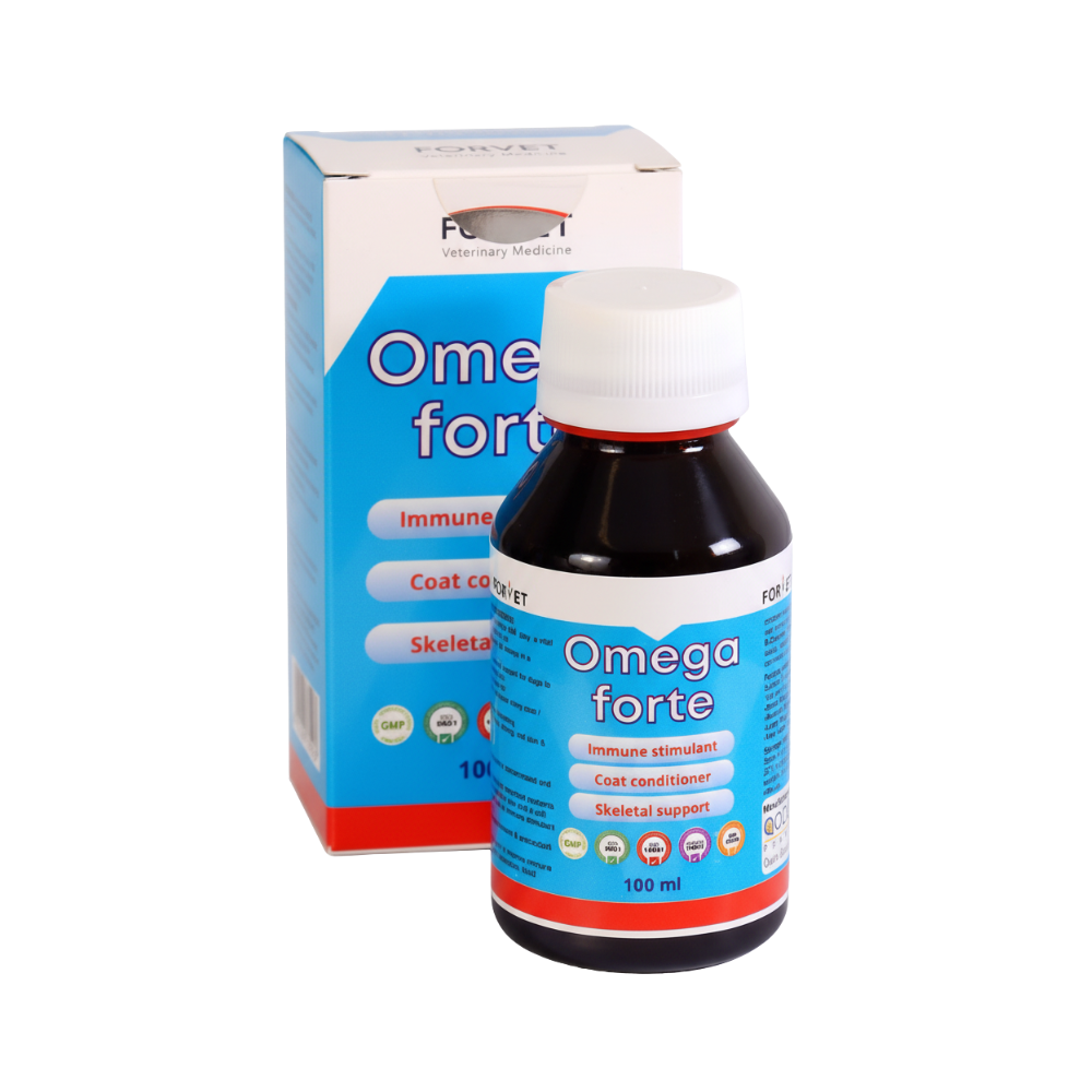 Omega forte supplement bottle and packaging on a white background