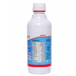 White bottle with blue label on a white background