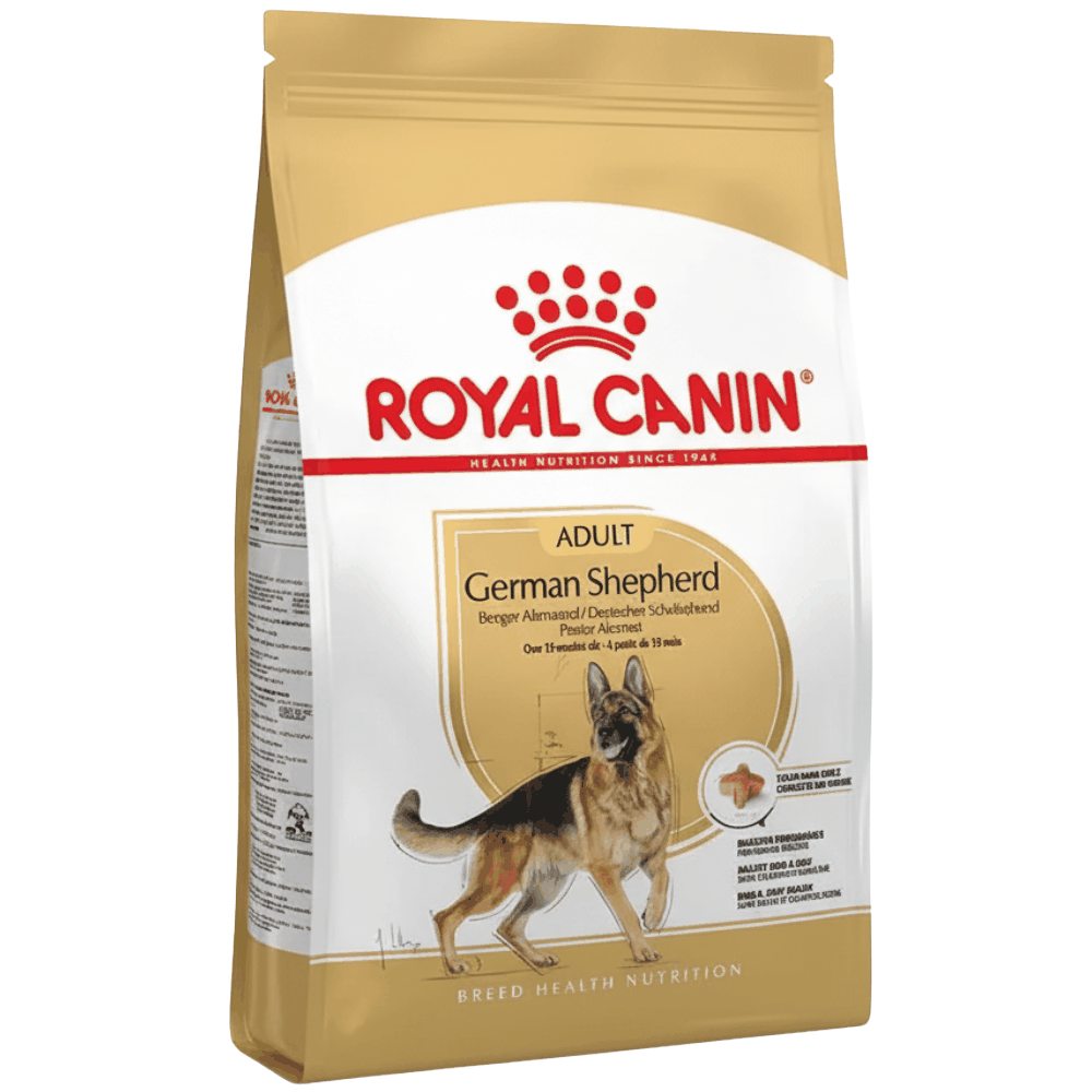 Royal Canin German Shepherd dog food package on a white background