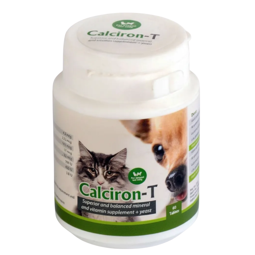 Supplement container for pets with a cat and dog on the label