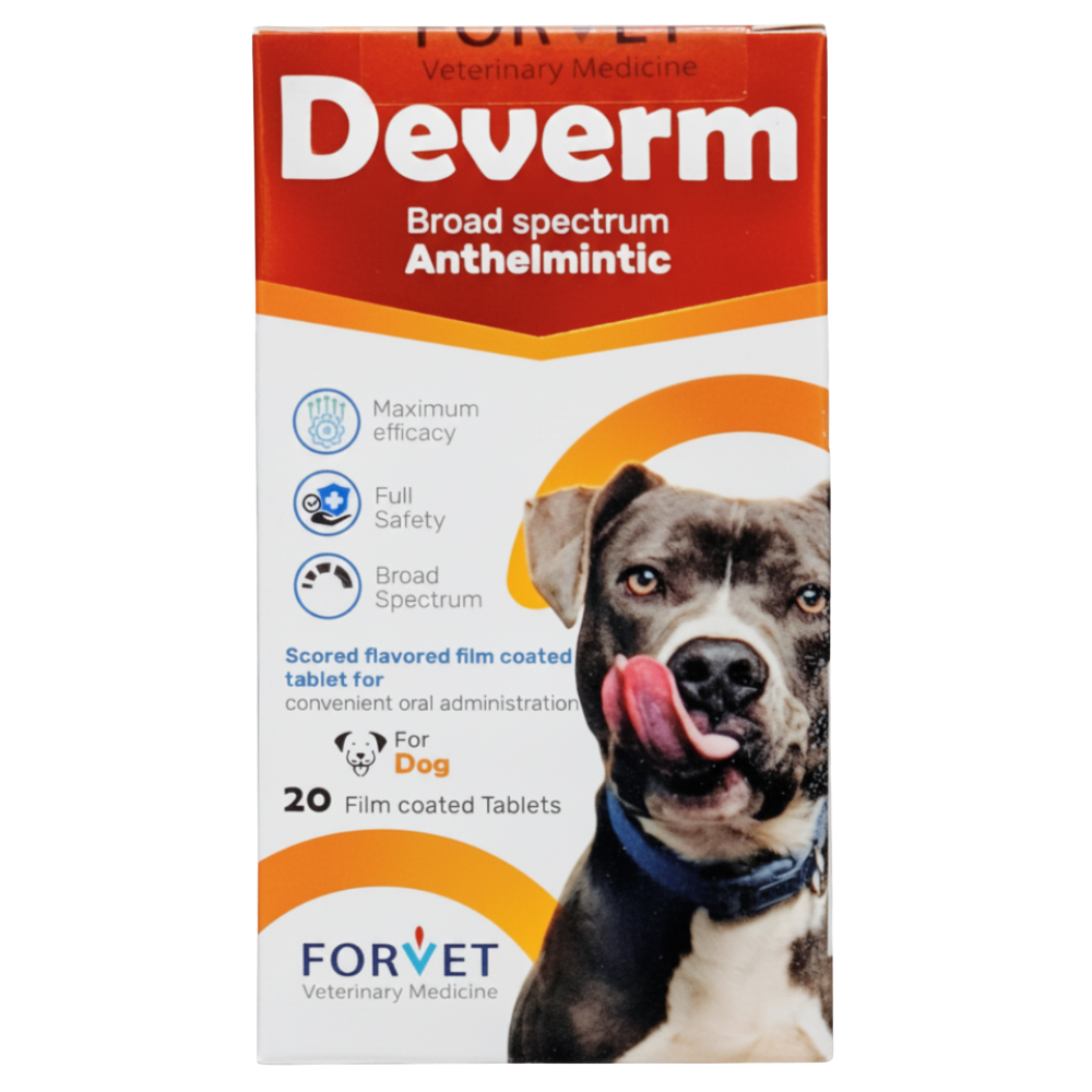 Deverm broad spectrum anthelmintic for dogs packaging with a dog on the box.