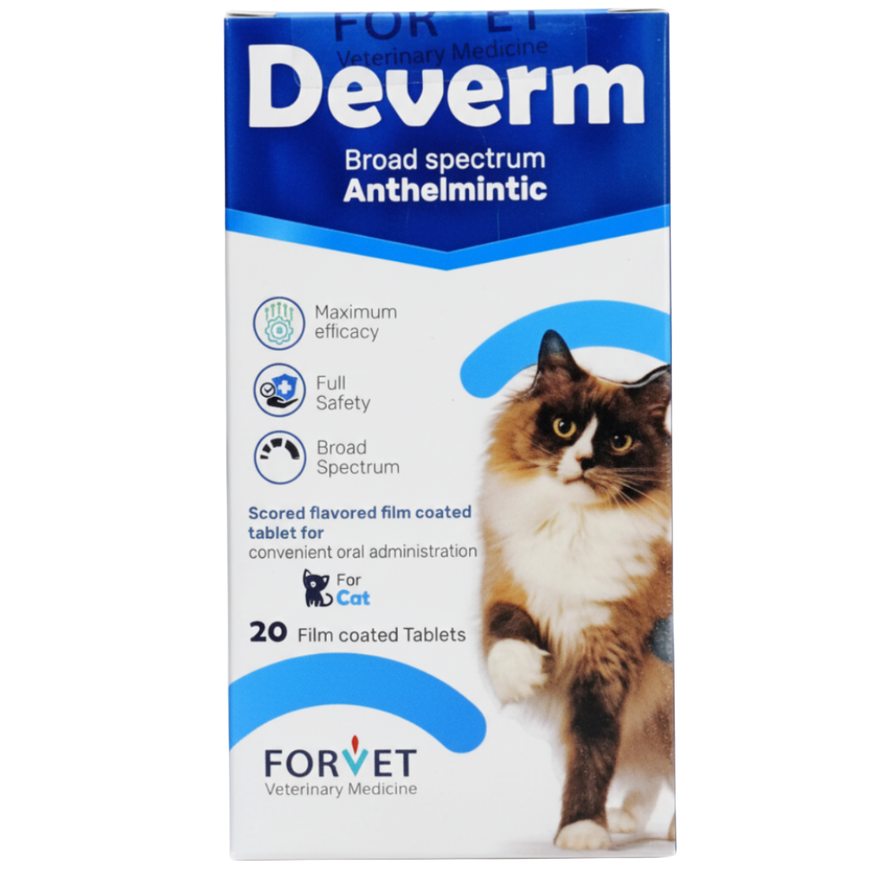 Deverm broad spectrum anthelmintic for cats packaging with a cat illustration on a white background