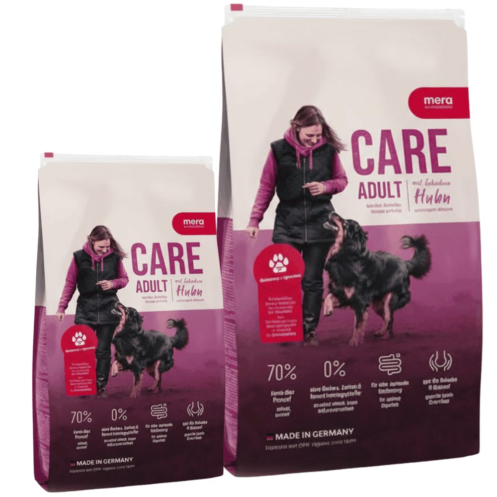Two packages of mera Care Adult dog food with a woman and dog on the packaging.
