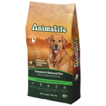 Bag of Animalife dog food for medium and large breed adults on a white background