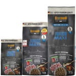 Three packages of Belcando Junior Maxi dog food on a white background