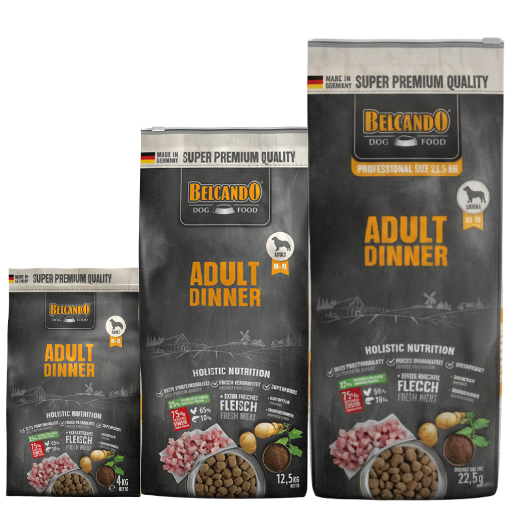 Three packages of Belcando dog food with different sizes on a white background