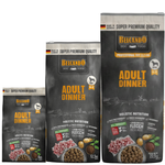 Three packages of Belcando dog food with different sizes on a white background