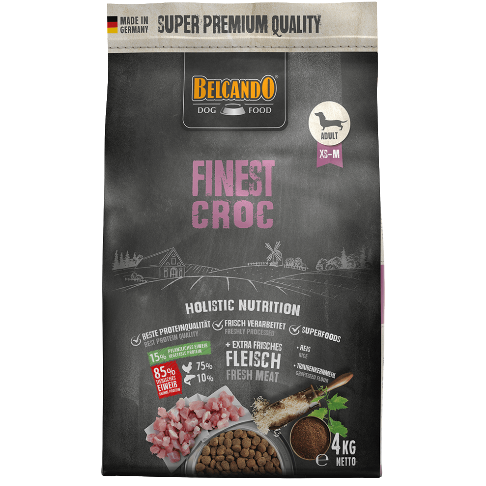 Bag of Belcando dog food with branding and product details on a white background