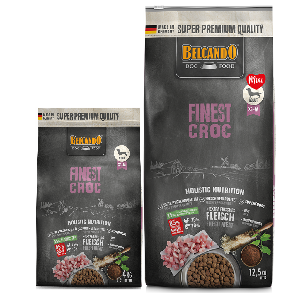 Two packages of Belcando dog food on a white background