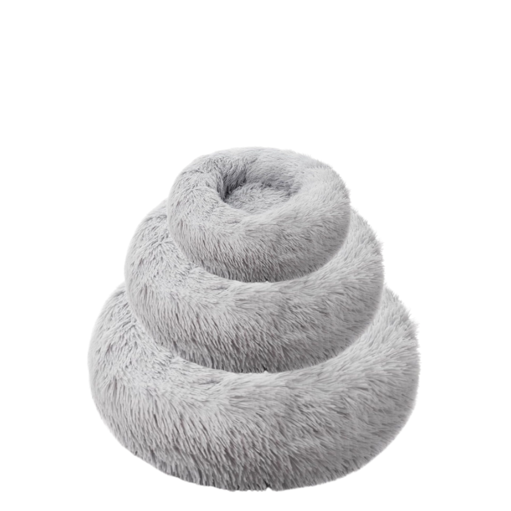 Gray plush donut-shaped pet bed on a white background