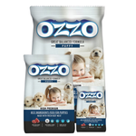 Three packages of OZZO puppy food with images of puppies and children on a white background.