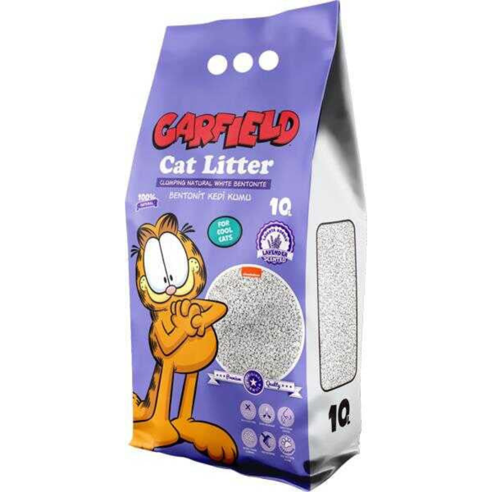 Bag of Garfield cat litter with a cartoon cat on a purple background