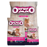 Three packages of OZZO cat food for kittens on a white background