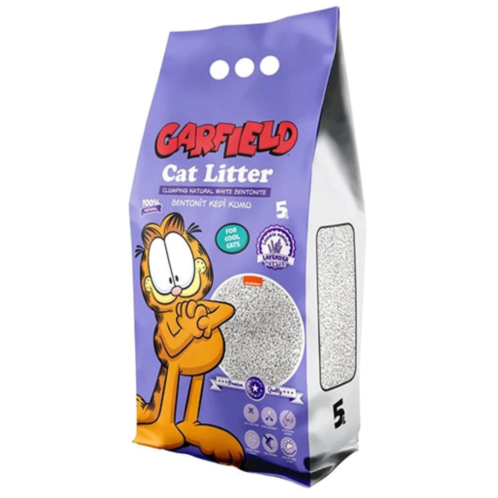 Garfield cat litter packaging with a cartoon cat on a purple background
