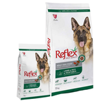 Two packages of Reflex High Quality Adult Dog Food with a German Shepherd on the packaging.