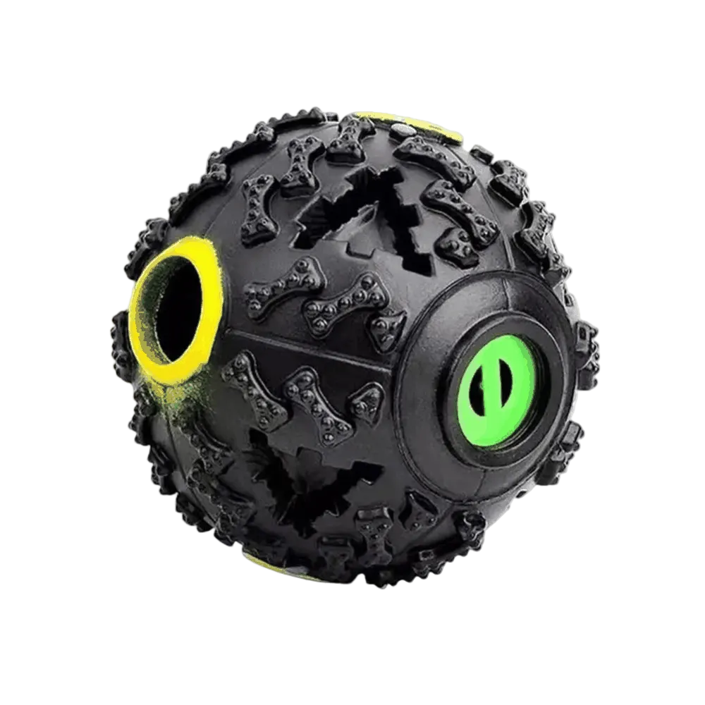 Black textured ball with yellow and green accents on a white background