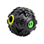 Black textured ball with yellow and green accents on a white background