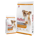 Two packages of Reflex Chicken & Rice dog food for small breed dogs on a white background