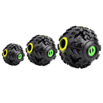 Three black textured balls with green and yellow accents on a white background