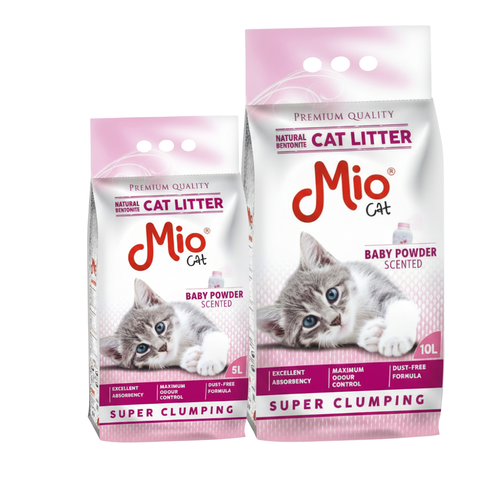 Two packages of Mio Cat baby powder scented cat litter on a white background
