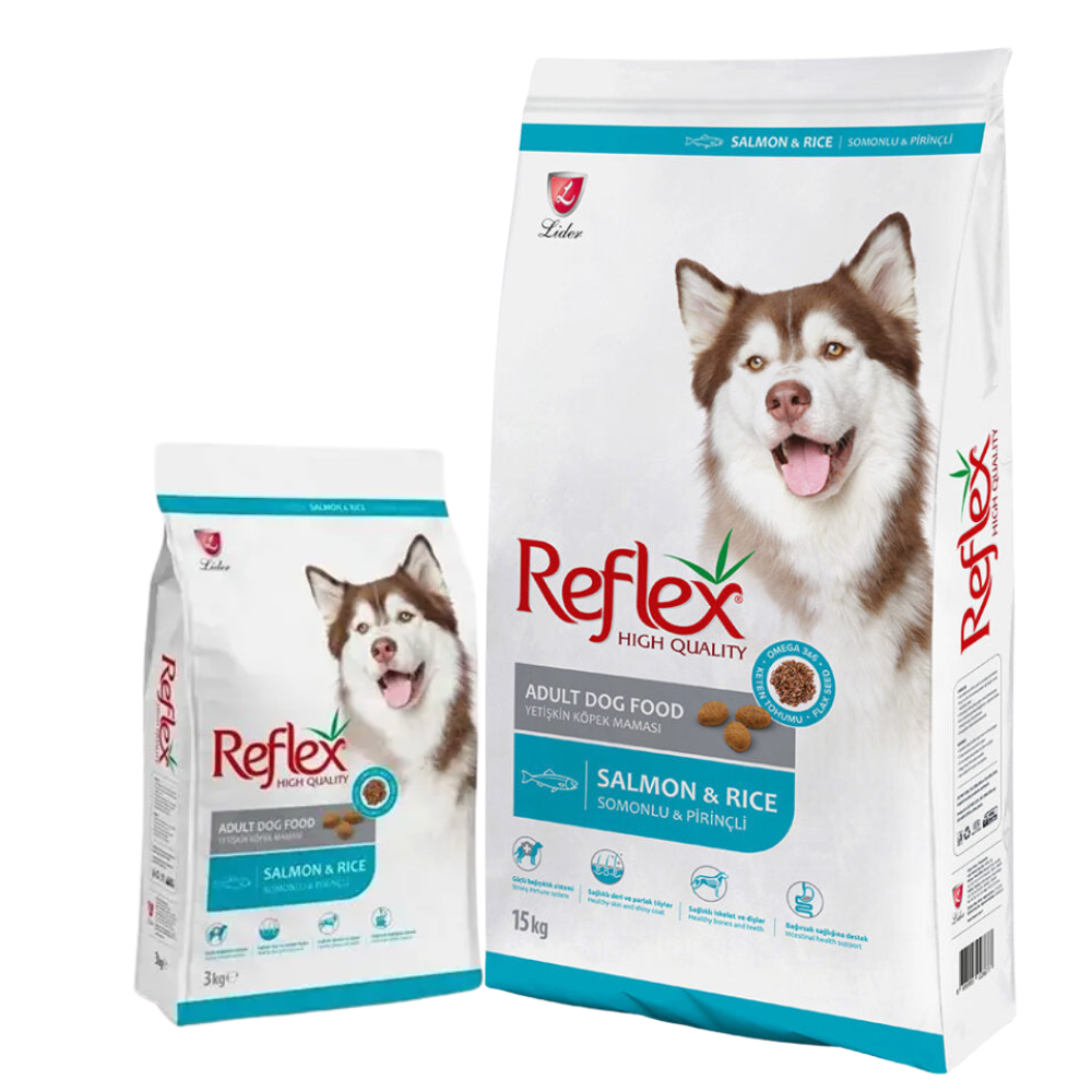 Two packages of Reflex High Quality Adult Dog Food with salmon and rice on a white background