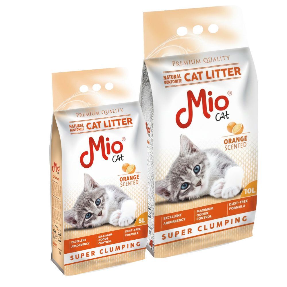 Two packages of Mio Cat litter with a kitten on a white background