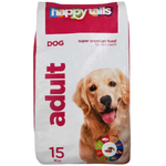 Bag of happy tails dog food with a golden retriever on the label